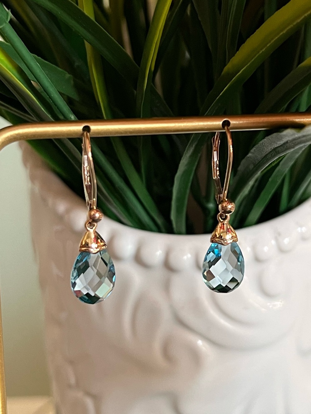 10k Yellow Gold Blue Topaz Briolette Drop Earrings
